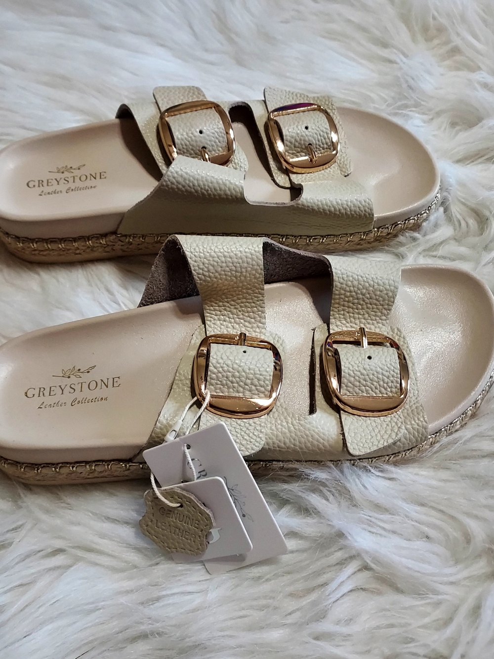 Greystone Cream Double-Buckle Leather Slide Sandals Sz-8.5